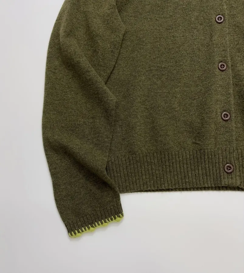 Jacquard Embroidered Contrast-Trim Cardigan in Olive Green, product view 09
