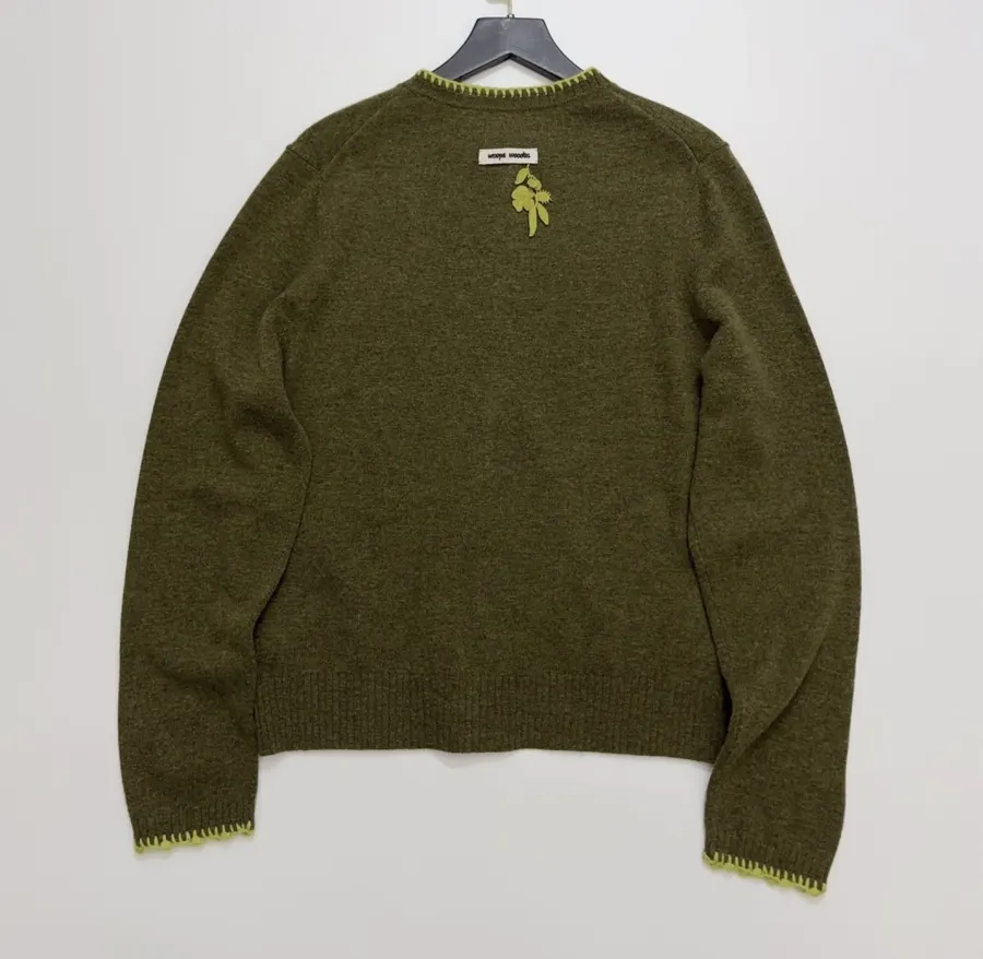 Jacquard Embroidered Contrast-Trim Cardigan in Olive Green, product view 13