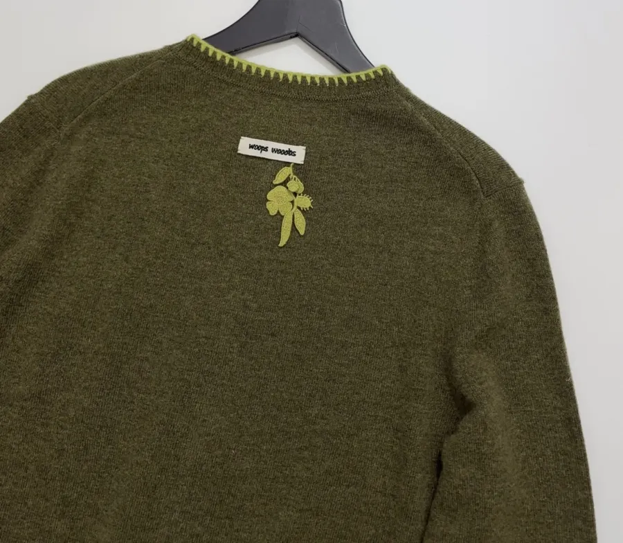Jacquard Embroidered Contrast-Trim Cardigan in Olive Green, product view 14