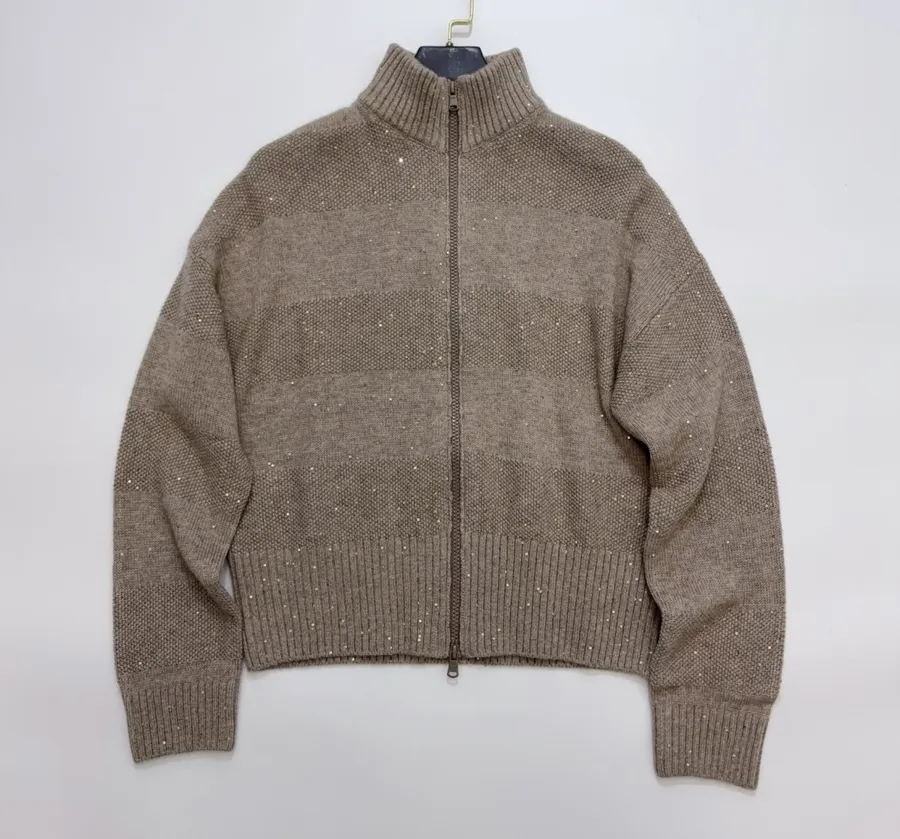 Sequined Cashmere-Wool Stand-Collar Zip-Up Knitted Cardigan in Taupe, product view 01
