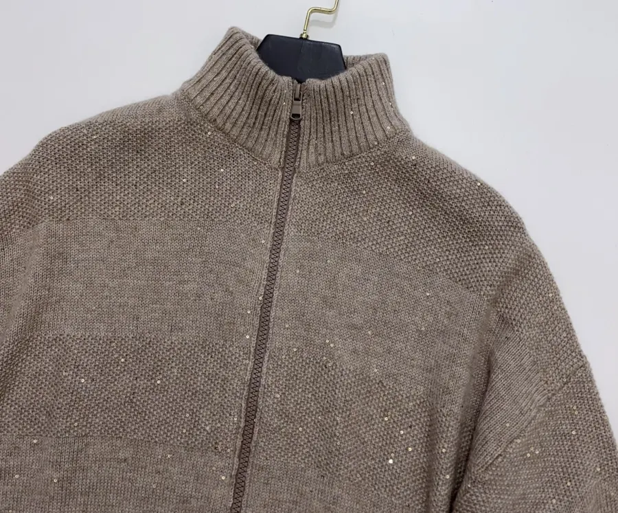 Sequined Cashmere-Wool Stand-Collar Zip-Up Knitted Cardigan in Taupe, product view 02