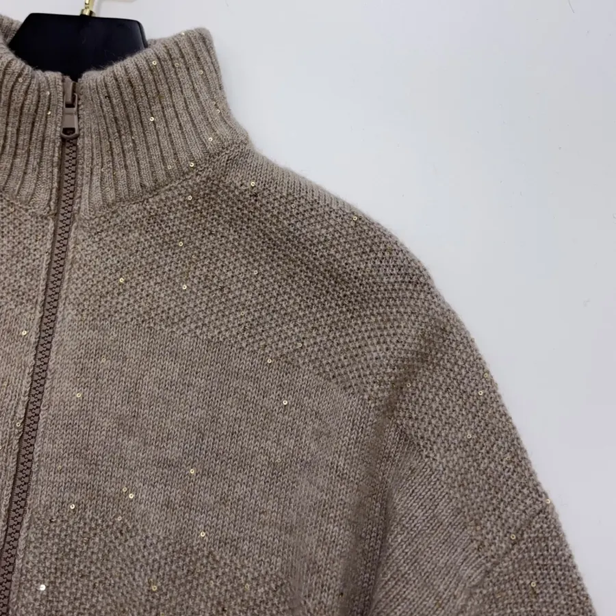 Sequined Cashmere-Wool Stand-Collar Zip-Up Knitted Cardigan in Taupe, product view 03
