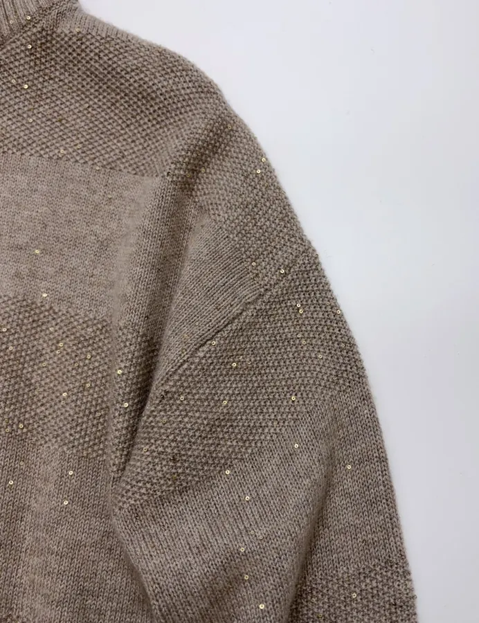 Sequined Cashmere-Wool Stand-Collar Zip-Up Knitted Cardigan in Taupe, product view 04