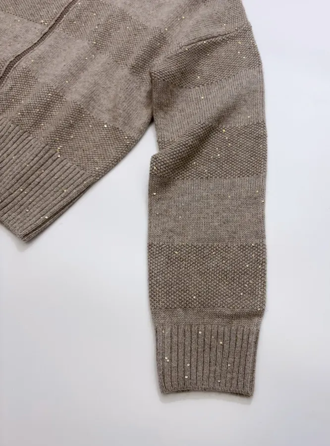 Sequined Cashmere-Wool Stand-Collar Zip-Up Knitted Cardigan in Taupe, product view 05