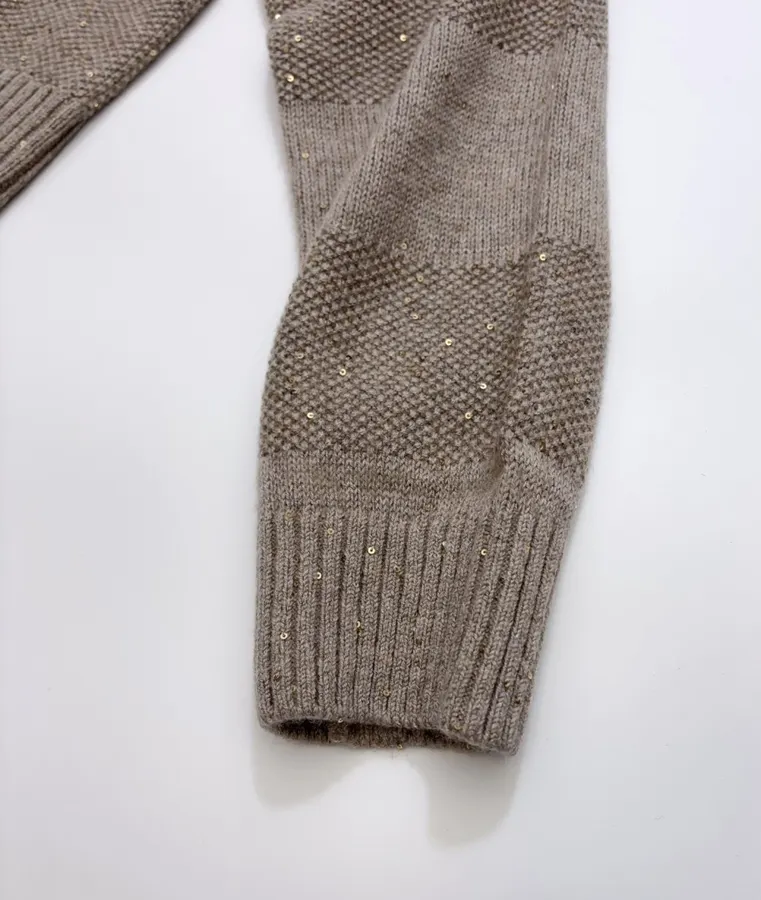 Sequined Cashmere-Wool Stand-Collar Zip-Up Knitted Cardigan in Taupe, product view 07
