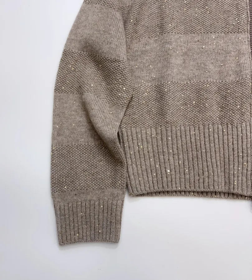 Sequined Cashmere-Wool Stand-Collar Zip-Up Knitted Cardigan in Taupe, product view 09