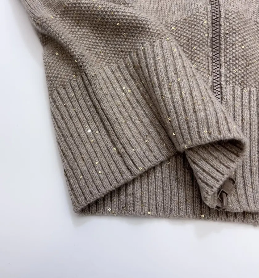 Sequined Cashmere-Wool Stand-Collar Zip-Up Knitted Cardigan in Taupe, product view 10