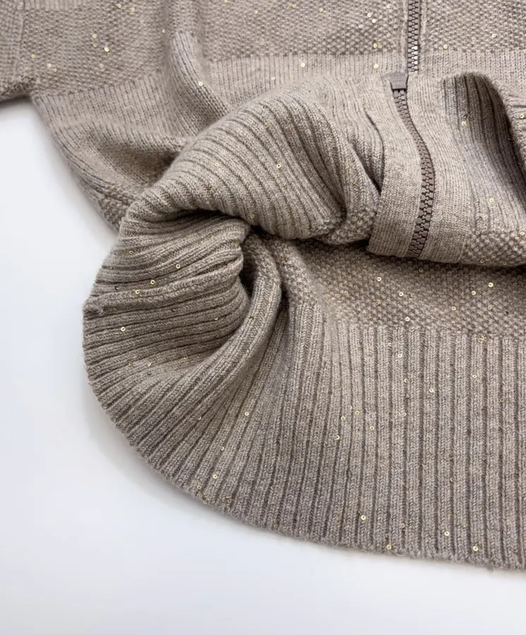 Sequined Cashmere-Wool Stand-Collar Zip-Up Knitted Cardigan in Taupe, product view 11