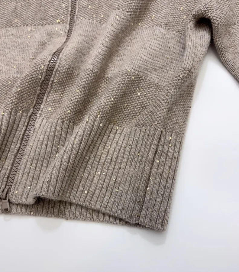 Sequined Cashmere-Wool Stand-Collar Zip-Up Knitted Cardigan in Taupe, product view 12