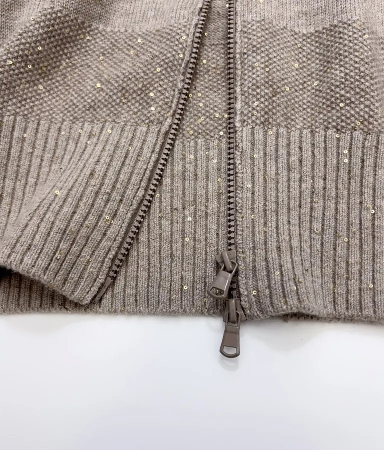 Sequined Cashmere-Wool Stand-Collar Zip-Up Knitted Cardigan in Taupe, product view 13