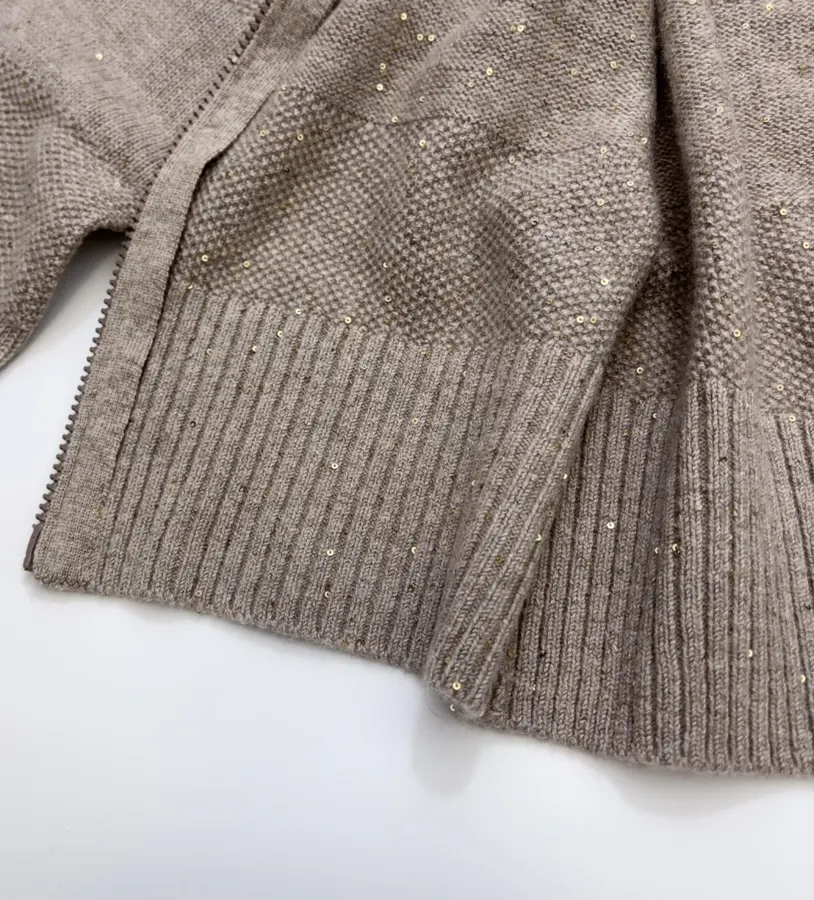 Sequined Cashmere-Wool Stand-Collar Zip-Up Knitted Cardigan in Taupe, product view 14
