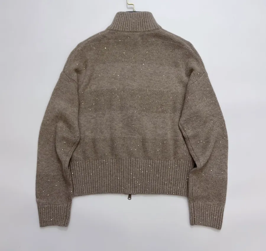 Sequined Cashmere-Wool Stand-Collar Zip-Up Knitted Cardigan in Taupe, product view 15