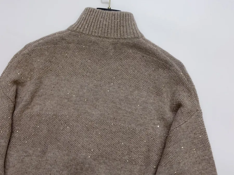 Sequined Cashmere-Wool Stand-Collar Zip-Up Knitted Cardigan in Taupe, product view 16