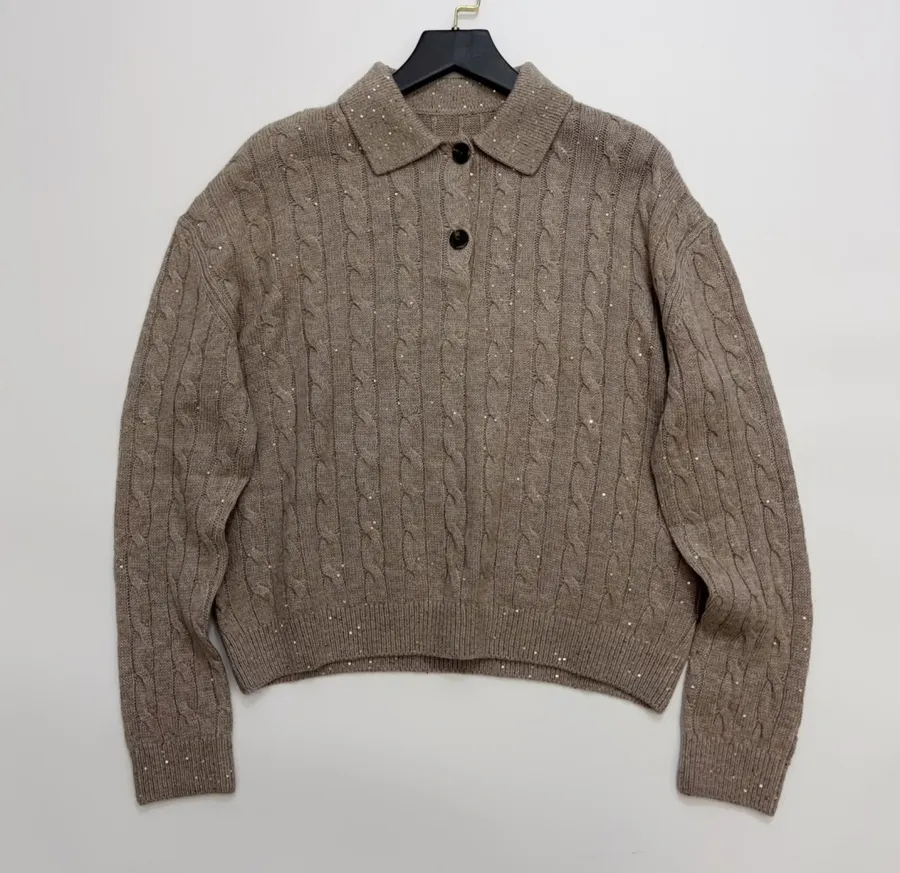 Sequined Cable-Knit Polo-Neck Cashmere-Wool Knitted Top in Taupe, product view 01
