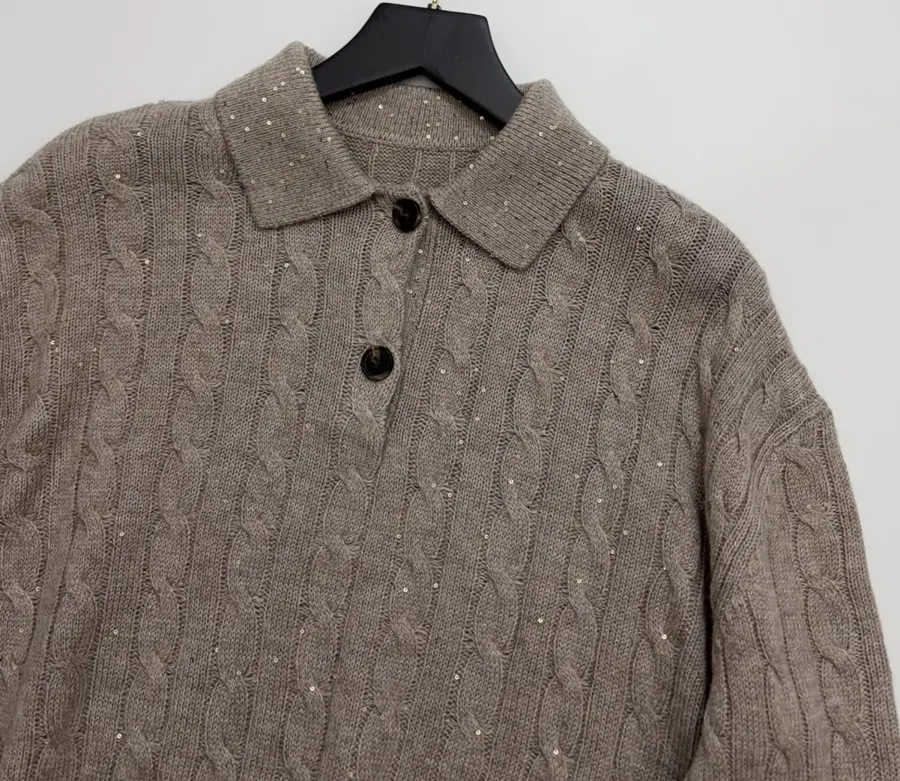 Sequined Cable-Knit Polo-Neck Cashmere-Wool Knitted Top in Taupe, product view 02