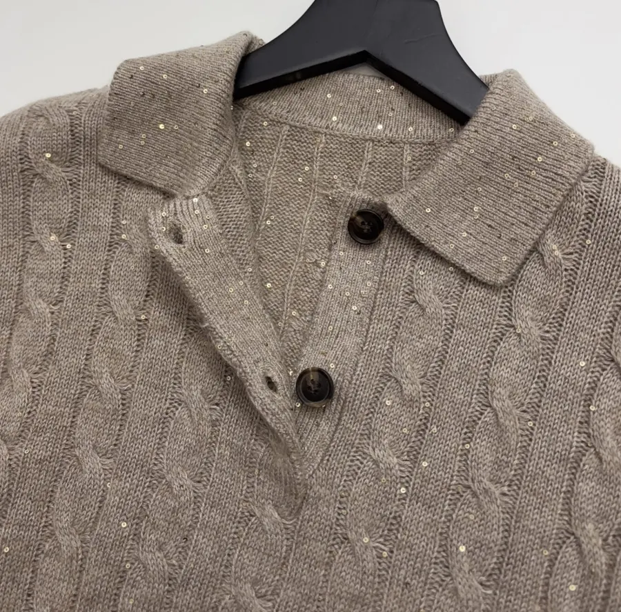 Sequined Cable-Knit Polo-Neck Cashmere-Wool Knitted Top in Taupe, product view 03