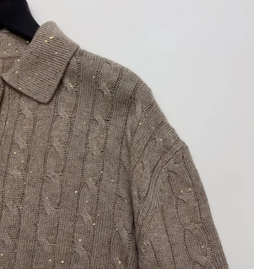 Sequined Cable-Knit Polo-Neck Cashmere-Wool Knitted Top in Taupe, product view 04