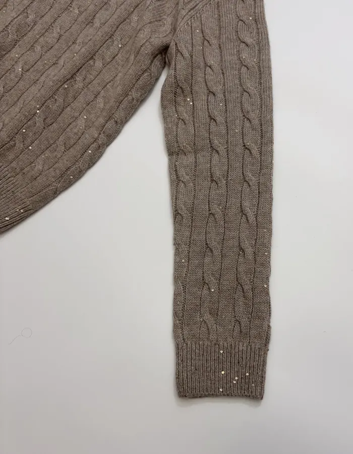 Sequined Cable-Knit Polo-Neck Cashmere-Wool Knitted Top in Taupe, product view 05