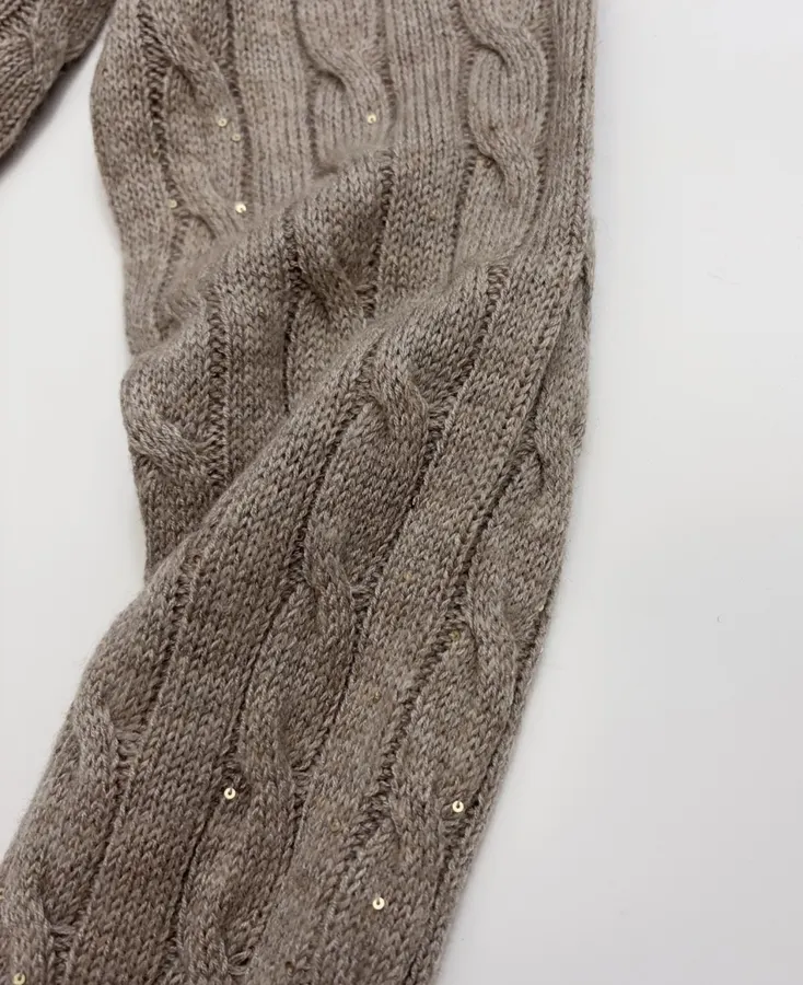 Sequined Cable-Knit Polo-Neck Cashmere-Wool Knitted Top in Taupe, product view 06