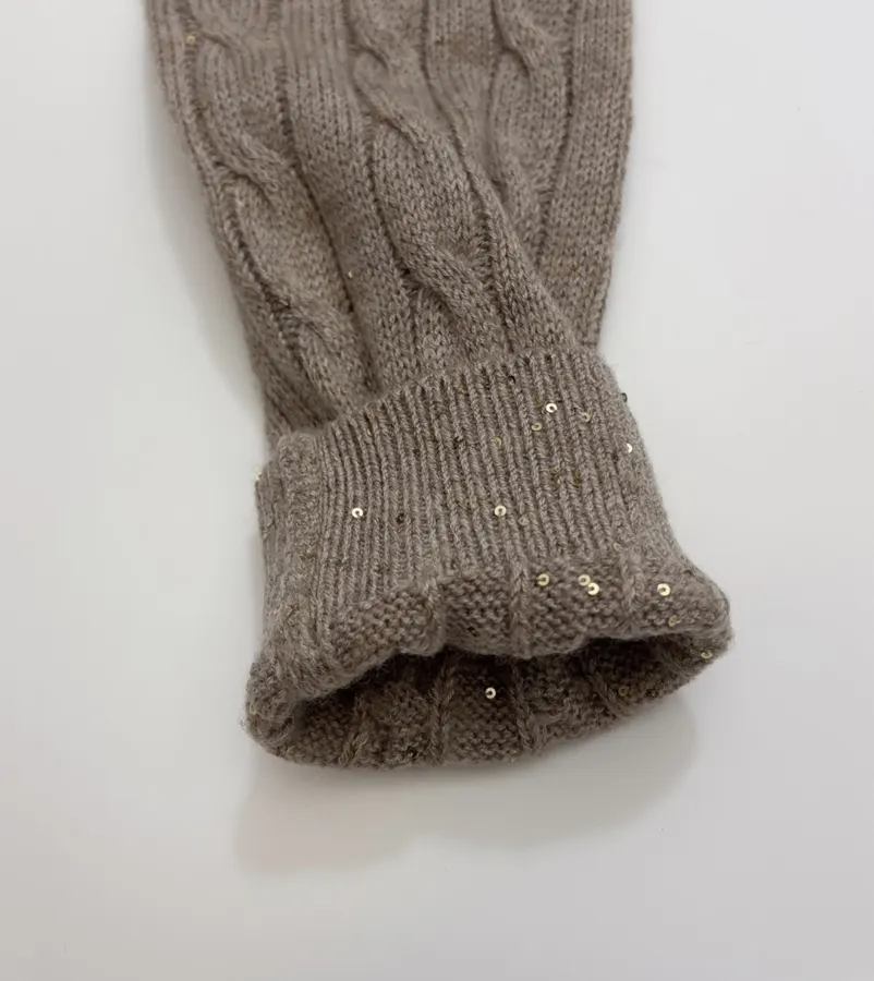 Sequined Cable-Knit Polo-Neck Cashmere-Wool Knitted Top in Taupe, product view 07
