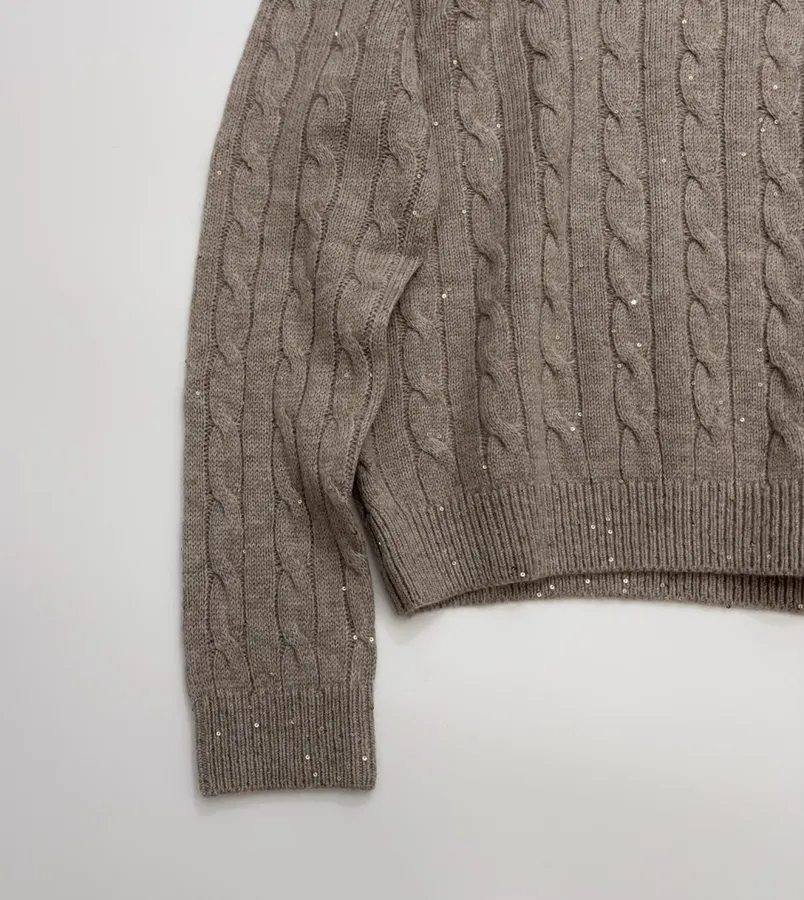 Sequined Cable-Knit Polo-Neck Cashmere-Wool Knitted Top in Taupe, product view 08