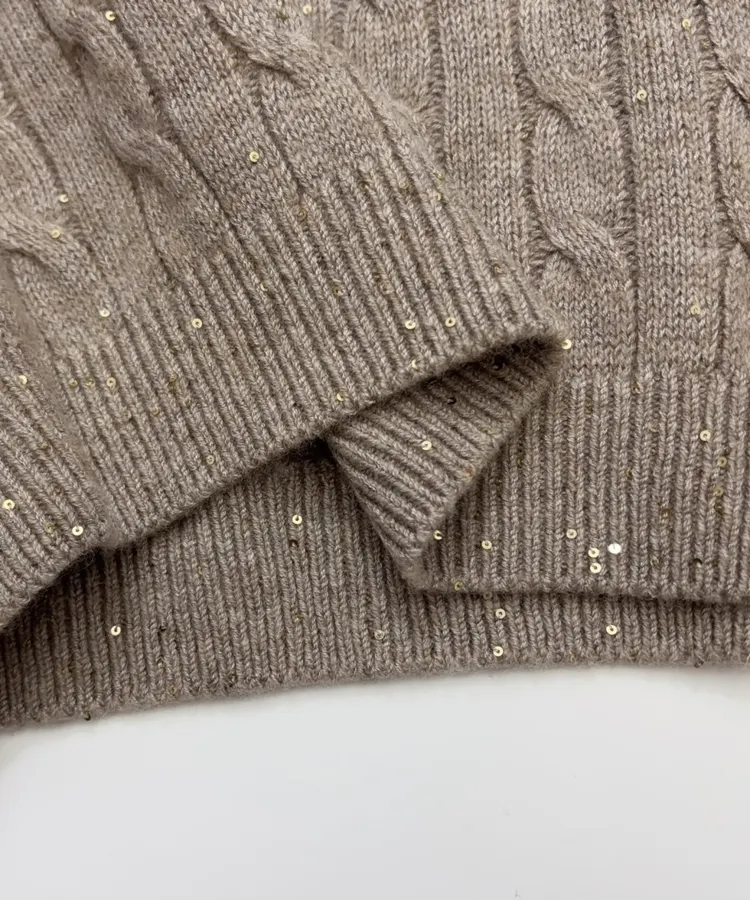 Sequined Cable-Knit Polo-Neck Cashmere-Wool Knitted Top in Taupe, product view 09