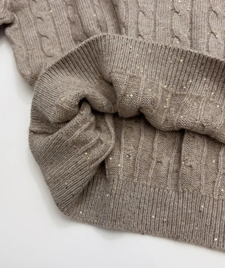 Sequined Cable-Knit Polo-Neck Cashmere-Wool Knitted Top in Taupe, product view 10