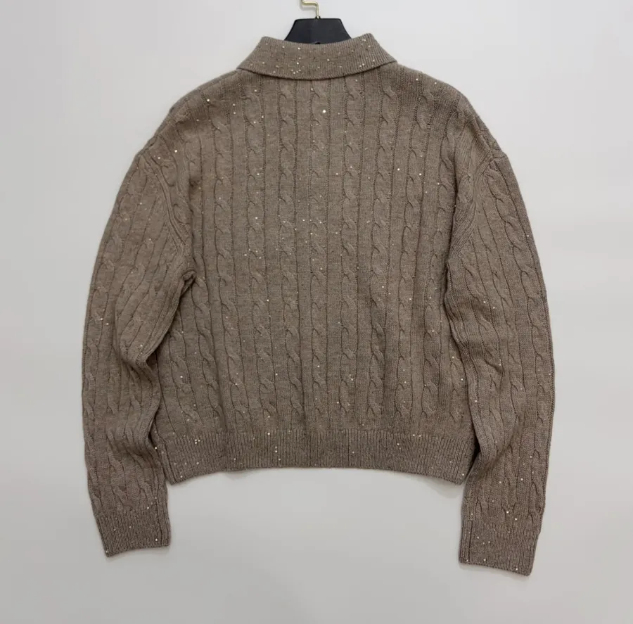 Sequined Cable-Knit Polo-Neck Cashmere-Wool Knitted Top in Taupe, product view 11