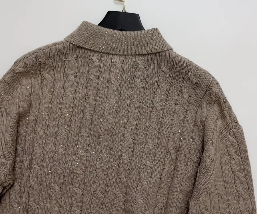 Sequined Cable-Knit Polo-Neck Cashmere-Wool Knitted Top in Taupe, product view 12