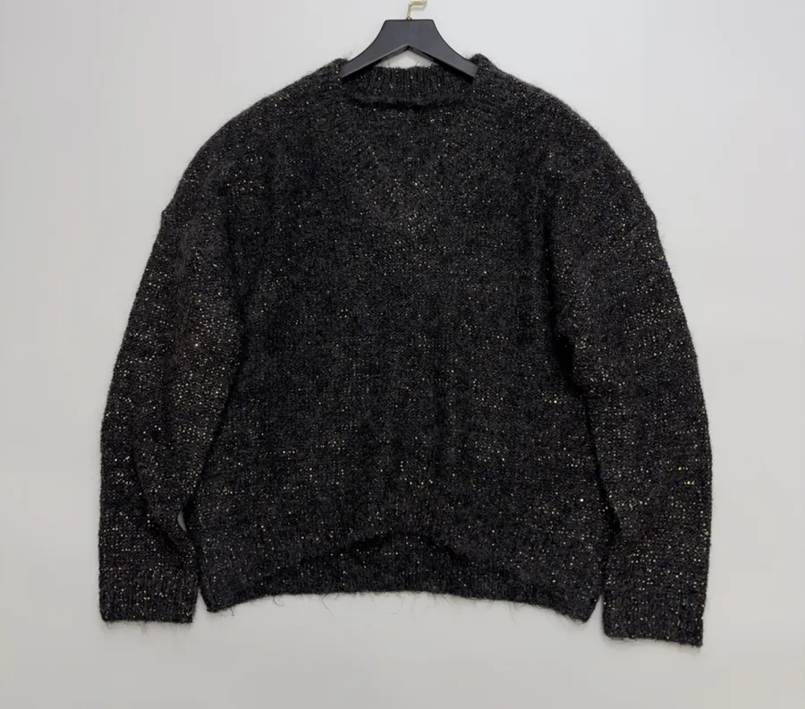 Loose V-Neck Wool-Mohair Knitted Top in Charcoal Mélange, product view 01