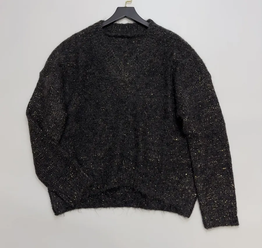 Loose V-Neck Wool-Mohair Knitted Top in Charcoal Mélange, product view 02