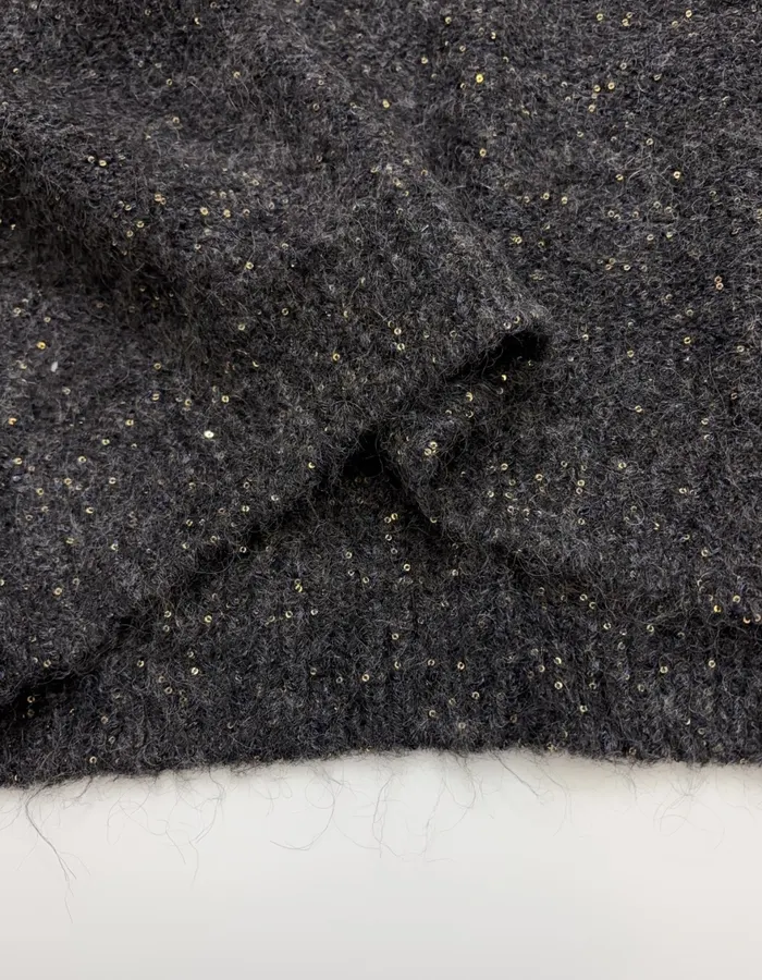 Loose V-Neck Wool-Mohair Knitted Top in Charcoal Mélange, product view 10