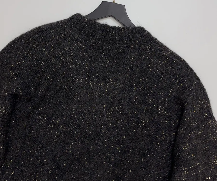 Loose V-Neck Wool-Mohair Knitted Top in Charcoal Mélange, product view 13