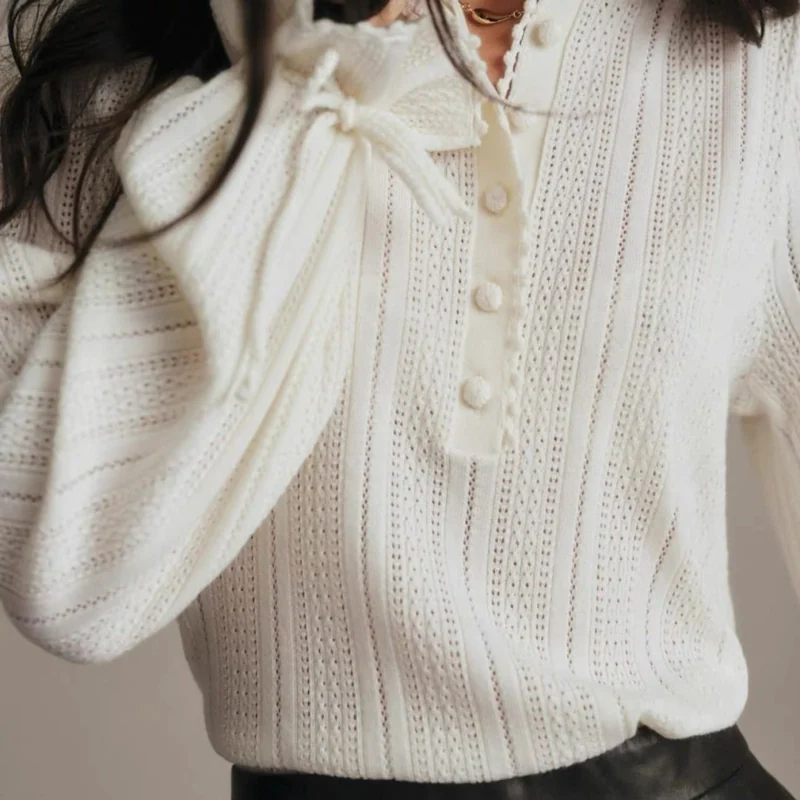 French Ruffle-Collar Long-Sleeve Knit Top in Ivory, product view 02