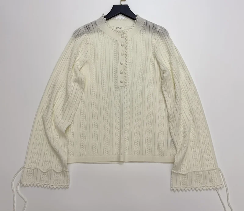 French Ruffle-Collar Long-Sleeve Knit Top in Ivory, product view 03