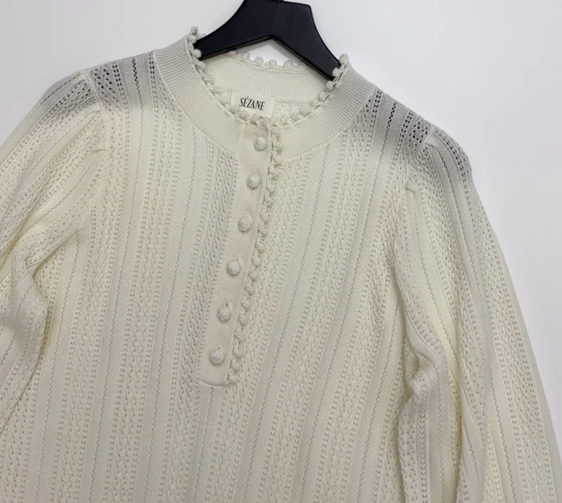 French Ruffle-Collar Long-Sleeve Knit Top in Ivory, product view 04