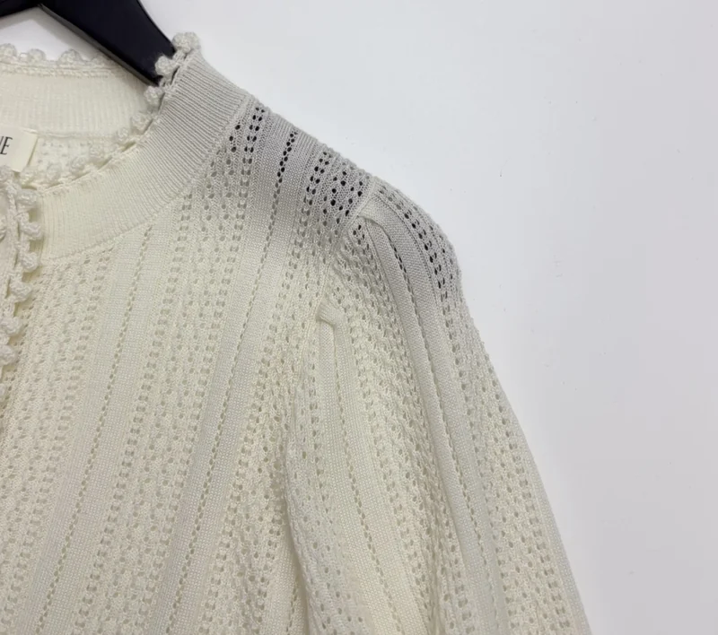 French Ruffle-Collar Long-Sleeve Knit Top in Ivory, product view 05