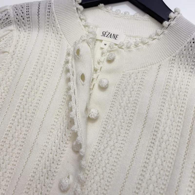 French Ruffle-Collar Long-Sleeve Knit Top in Ivory, product view 06