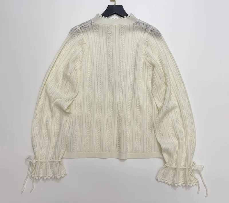 French Ruffle-Collar Long-Sleeve Knit Top in Ivory, product view 20