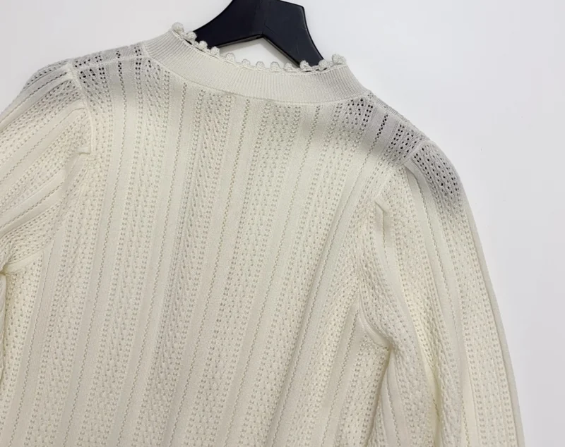 French Ruffle-Collar Long-Sleeve Knit Top in Ivory, product view 21