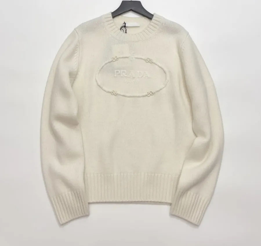 Prada Ivory Logo Crew-Neck Knit Sweater in Ivory, product view