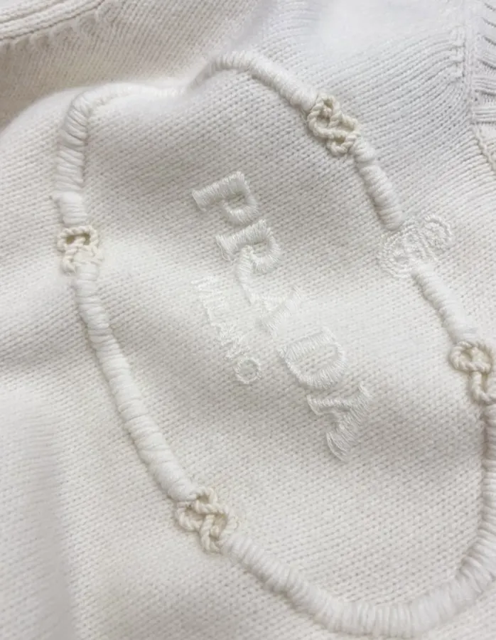 Prada 米白色徽标圆领针织毛衣，象牙白，商品图 4