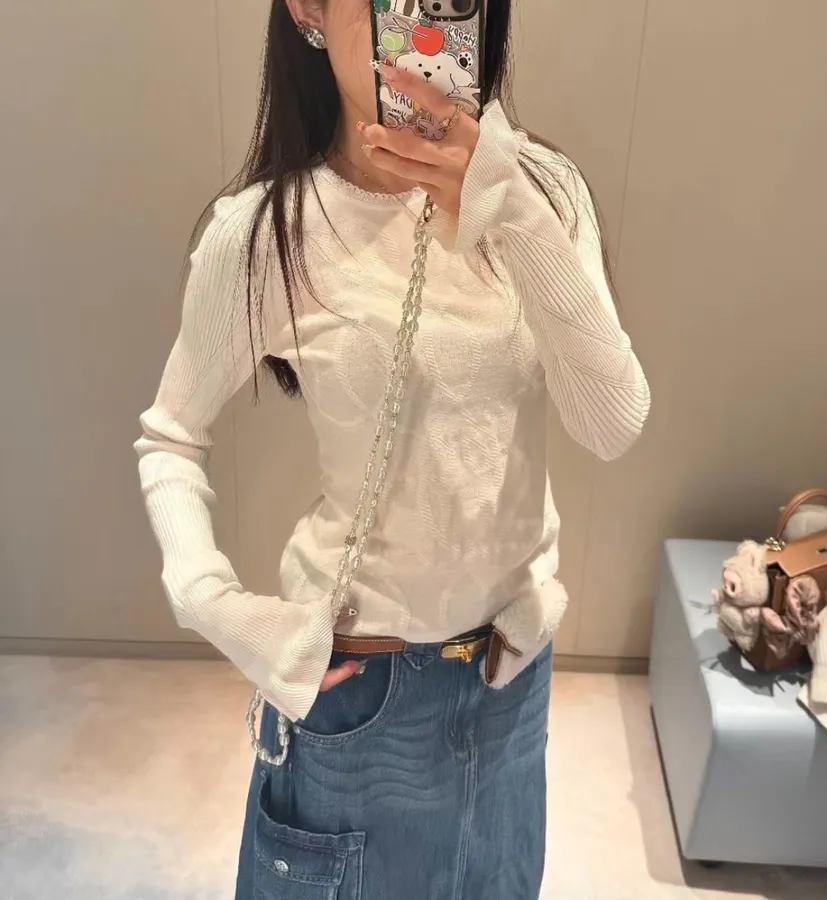 Jacquard Ruffled Fitted Knit Top in As Shown, product view 01
