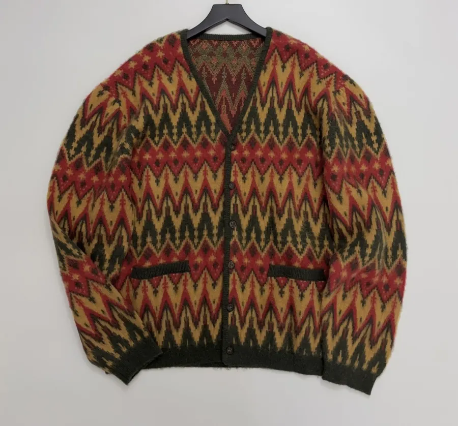 Retro Jacquard Geometric Contrast V-Neck Mohair Jacket in As Shown, product view 02