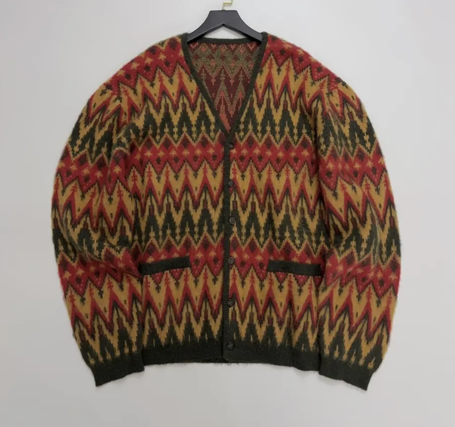 Retro Jacquard Geometric Contrast V-Neck Mohair Jacket in As Shown, product view 03