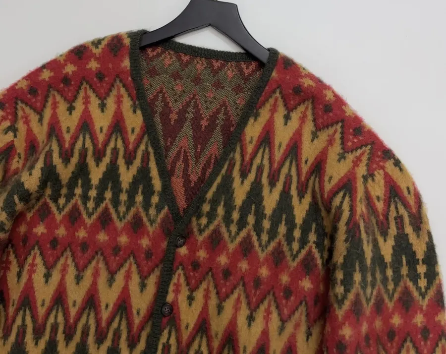Retro Jacquard Geometric Contrast V-Neck Mohair Jacket in As Shown, product view 04