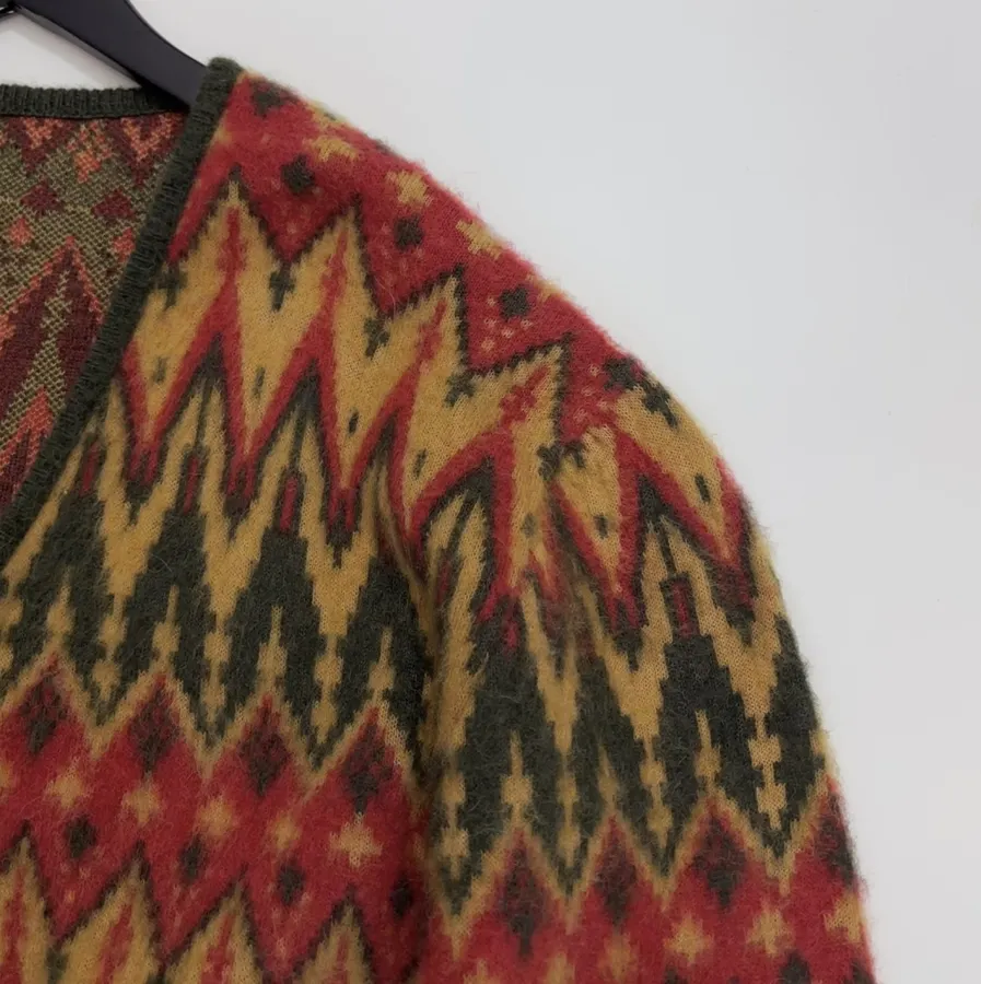 Retro Jacquard Geometric Contrast V-Neck Mohair Jacket in As Shown, product view 05