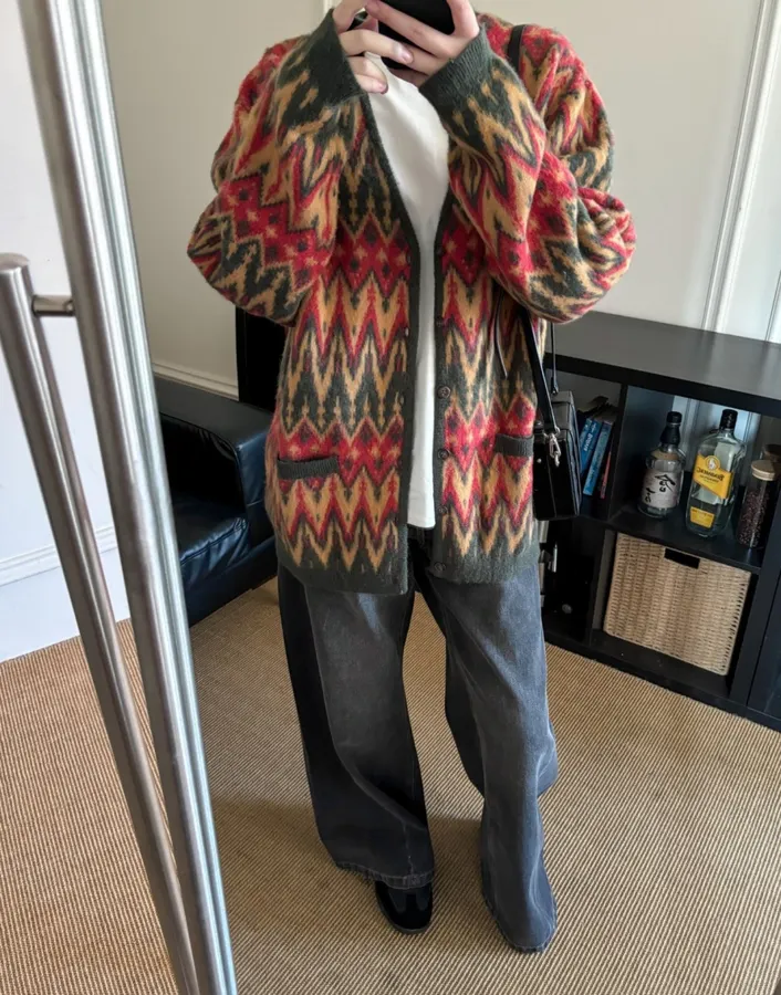Retro Jacquard Geometric Contrast V-Neck Mohair Jacket in As Shown, product view 18