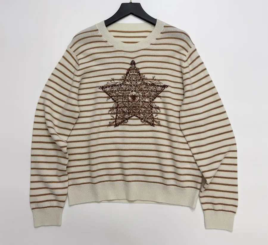 Star-pattern striped round-neck long-sleeve knit top in As Shown, product view 01
