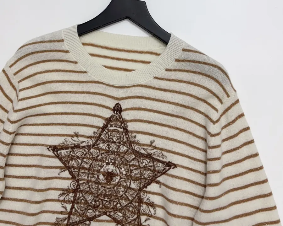 Star-pattern striped round-neck long-sleeve knit top in As Shown, product view 02